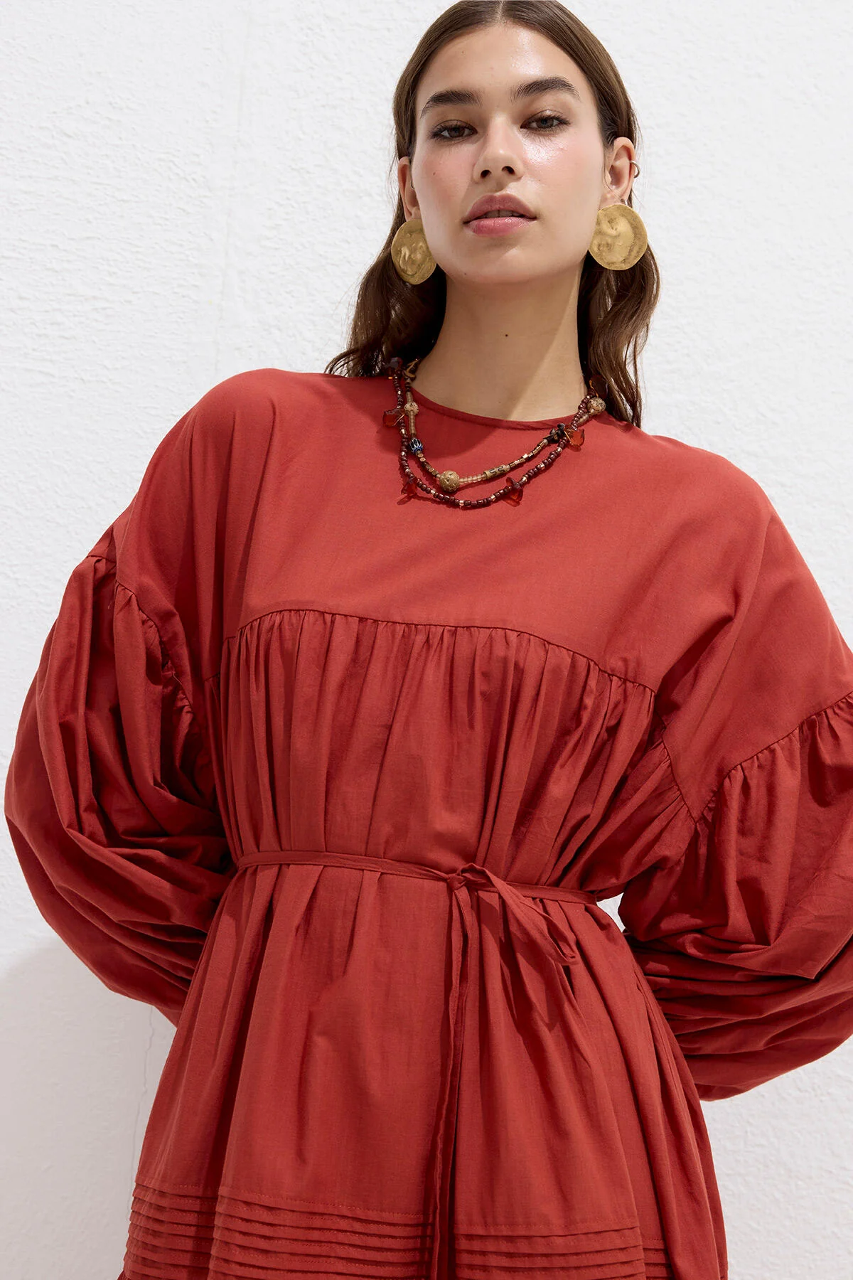 Gathered Oversized Voile Dress Orange - Image 2