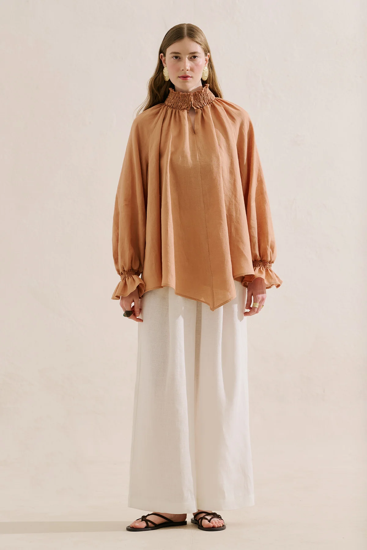 Shirred Linen Balloon Sleeve Blouse Almond - Image 3
