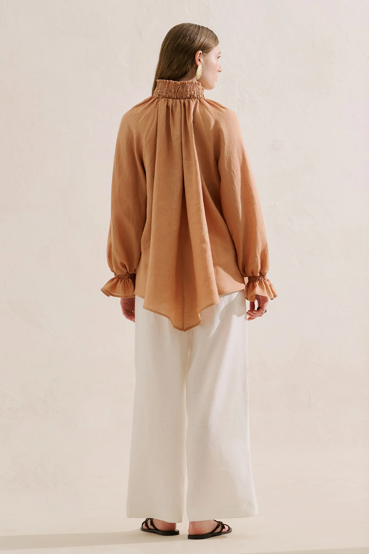 Shirred Linen Balloon Sleeve Blouse Almond - Image 7