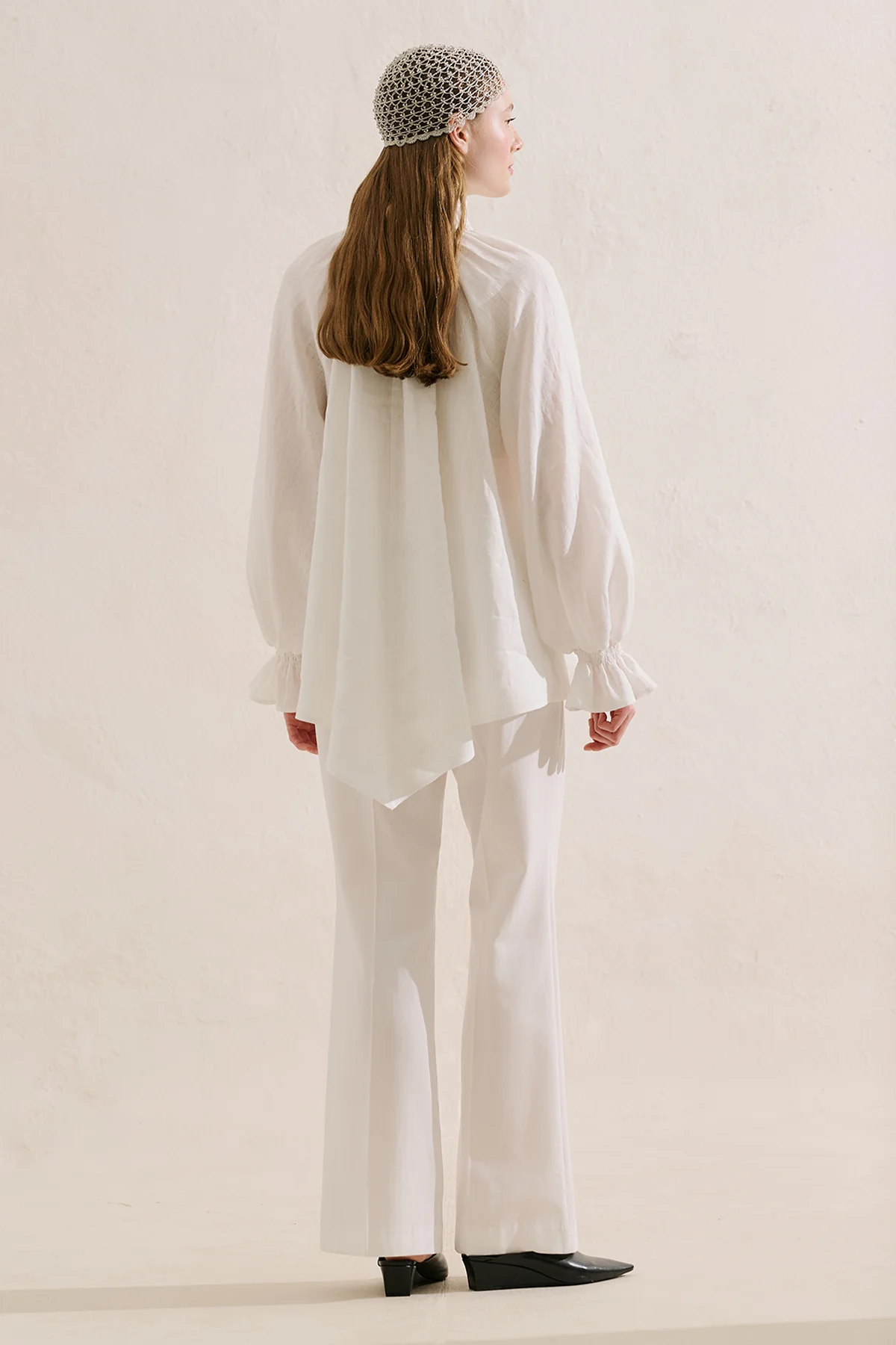 Shirred Linen Balloon Sleeve Blouse Ecru - Image 7