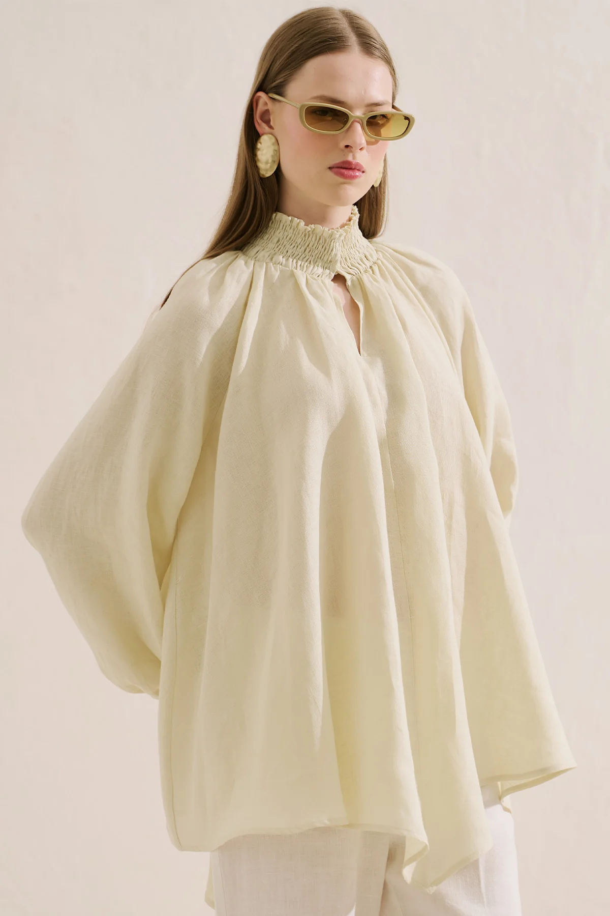 Shirred Linen Balloon Sleeve Blouse Yellow - Image 2