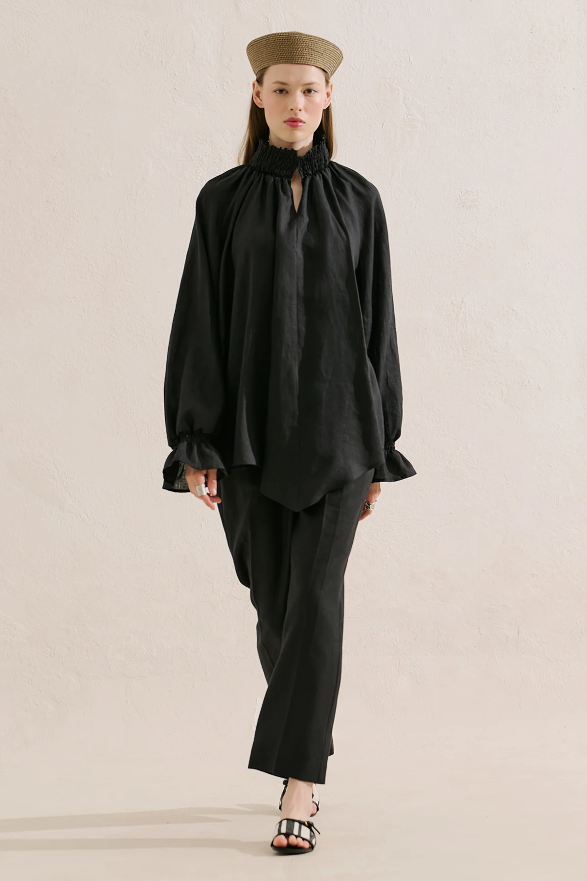 Shirred Linen Balloon Sleeve Blouse Black