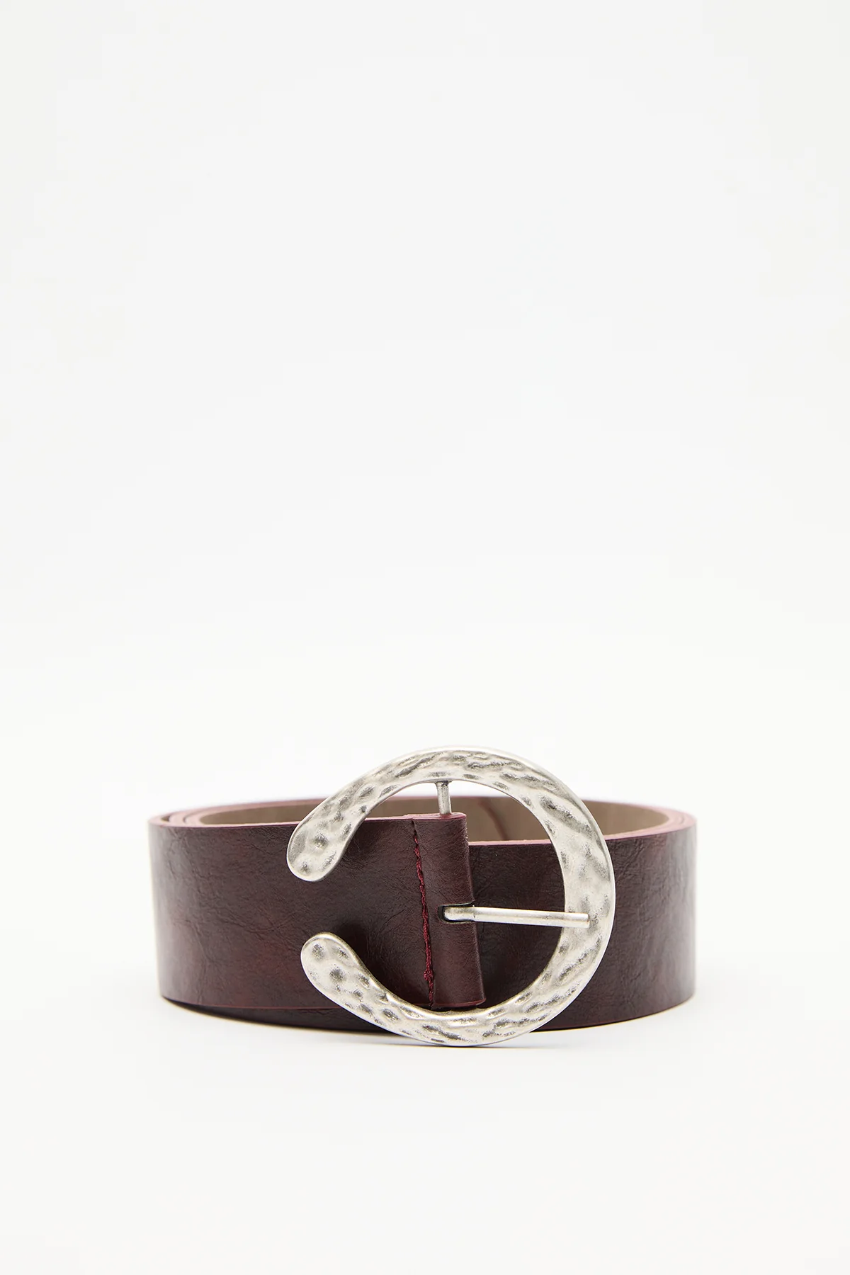 Hammered Buckle Faux Leather Belt Burgundy - Image 2