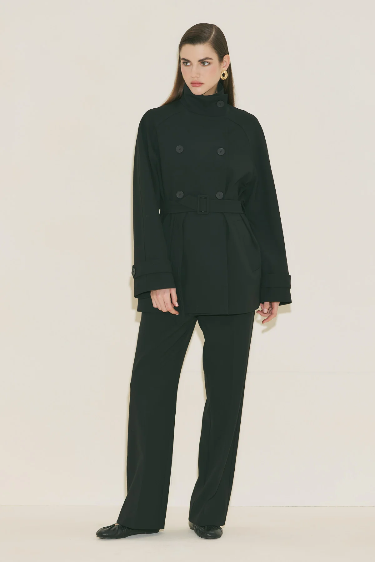 High Neck Belted Trench Coat Black - Image 14
