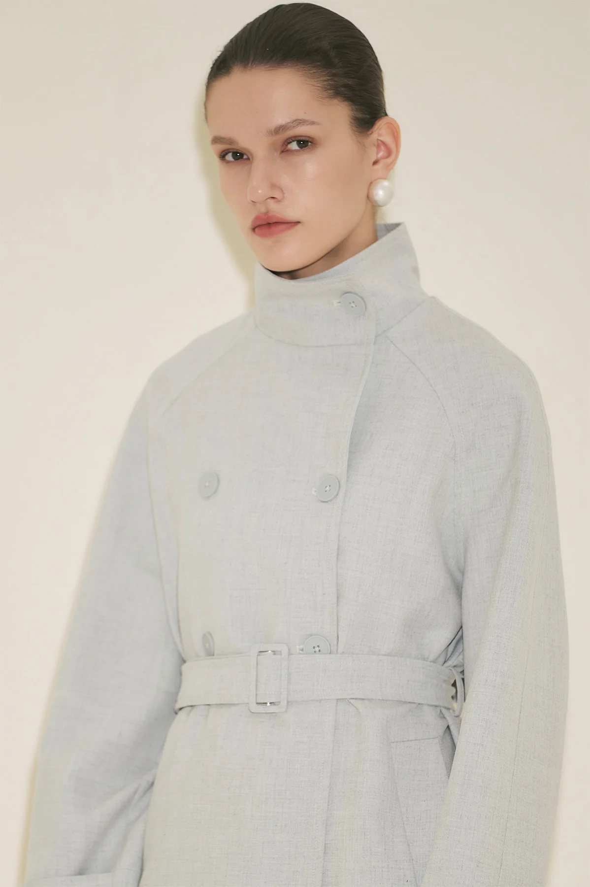 High Neck Belted Trench Coat Blue - Image 4