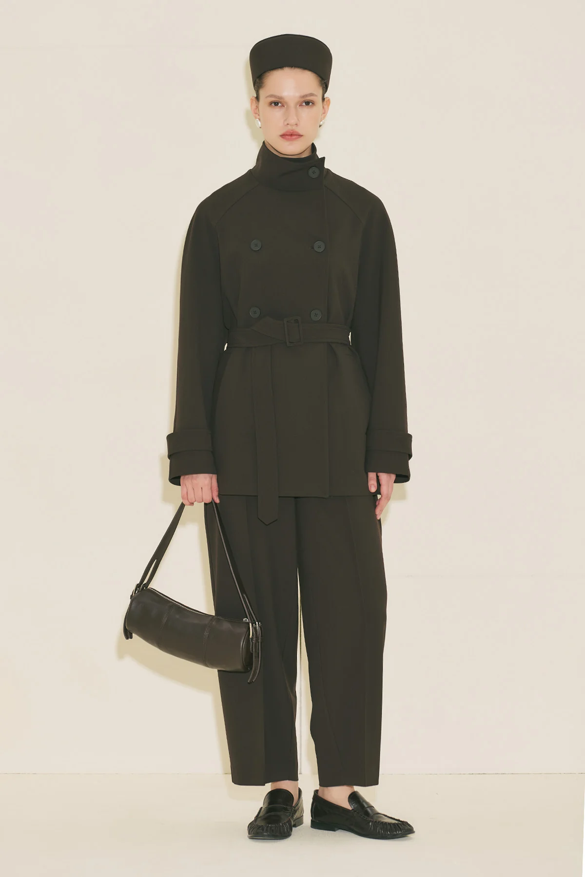 High Neck Belted Trench Coat Dark Brown - Image 2