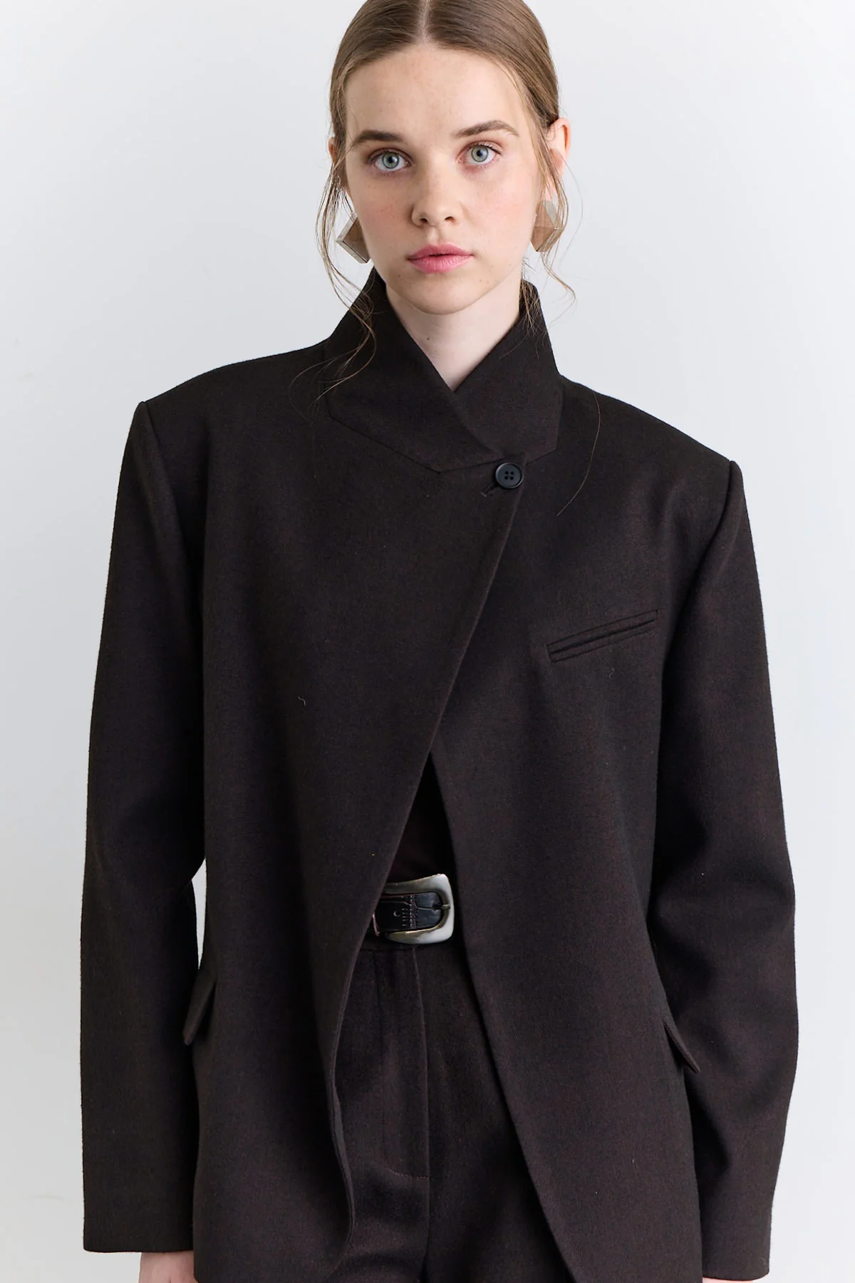 High Neck Blazer Jacket Brown