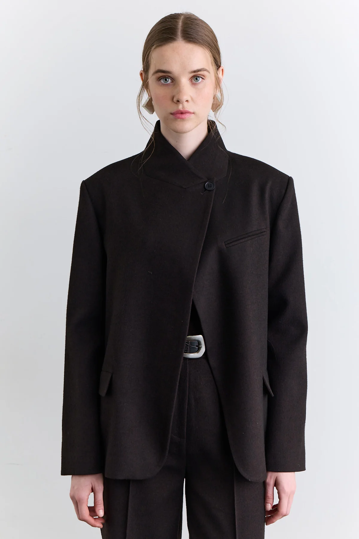 High Neck Blazer Jacket Brown - Image 11