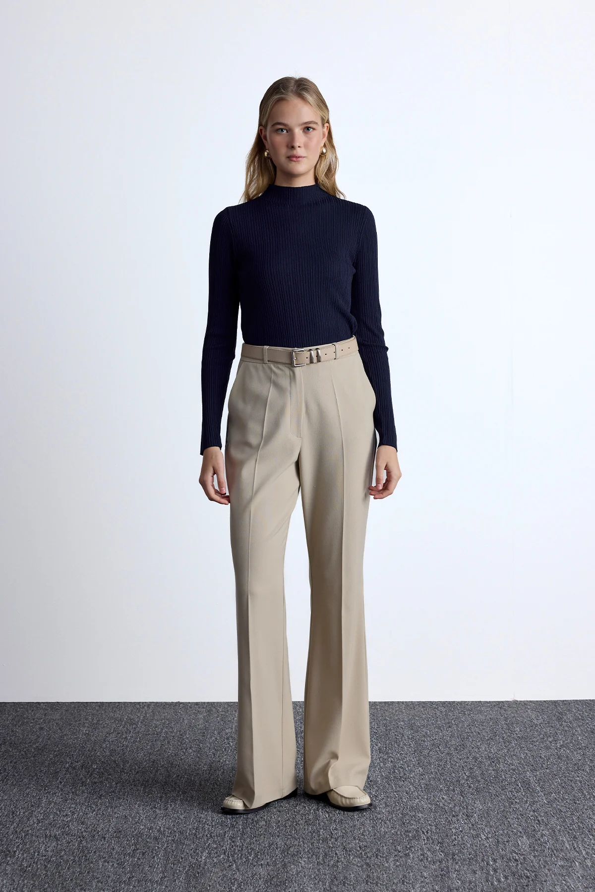 High Neck Knit Blouse Navy Blue - Image 5