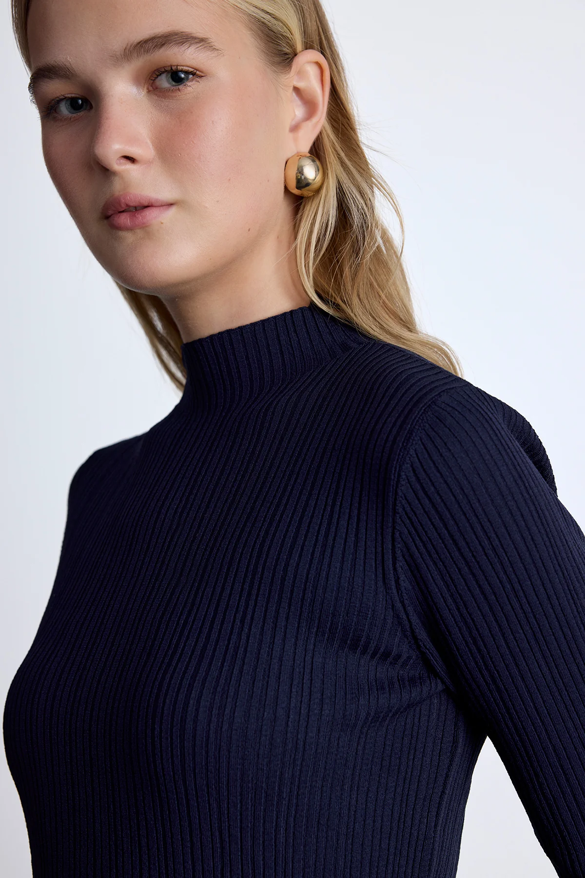High Neck Knit Blouse Navy Blue - Image 7