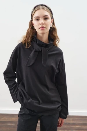 High Neck Tie Blouse Black - Image 3