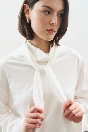 High Neck Tie Blouse Ecru - Image 4