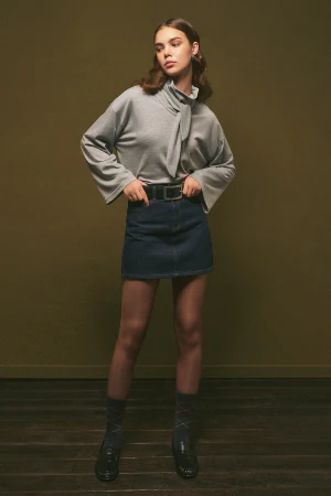 High Neck Tie Blouse Grey Melange