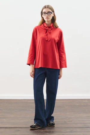 High Neck Tie Blouse Red - Image 2