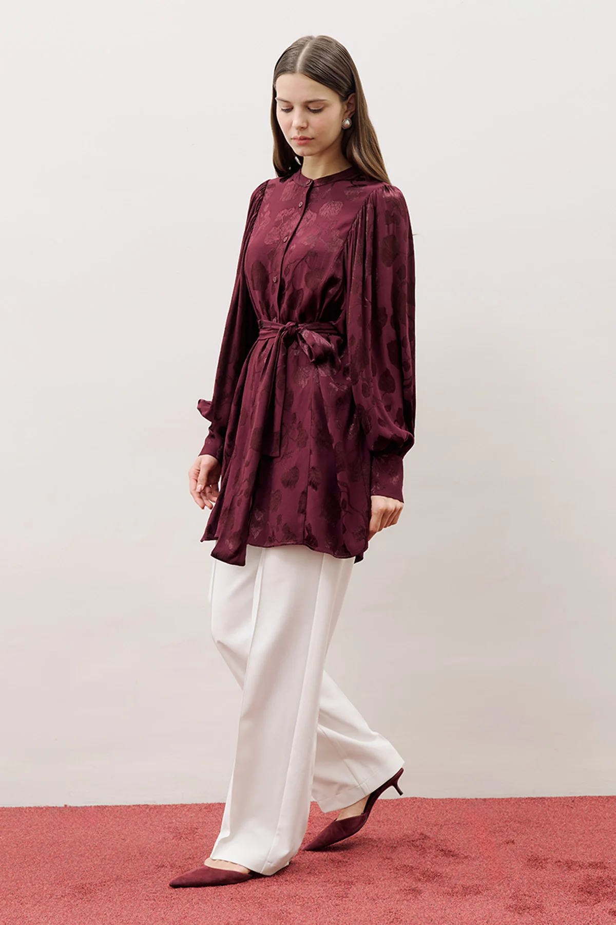 Jacquard Satin Shirt Burgundy - Image 5