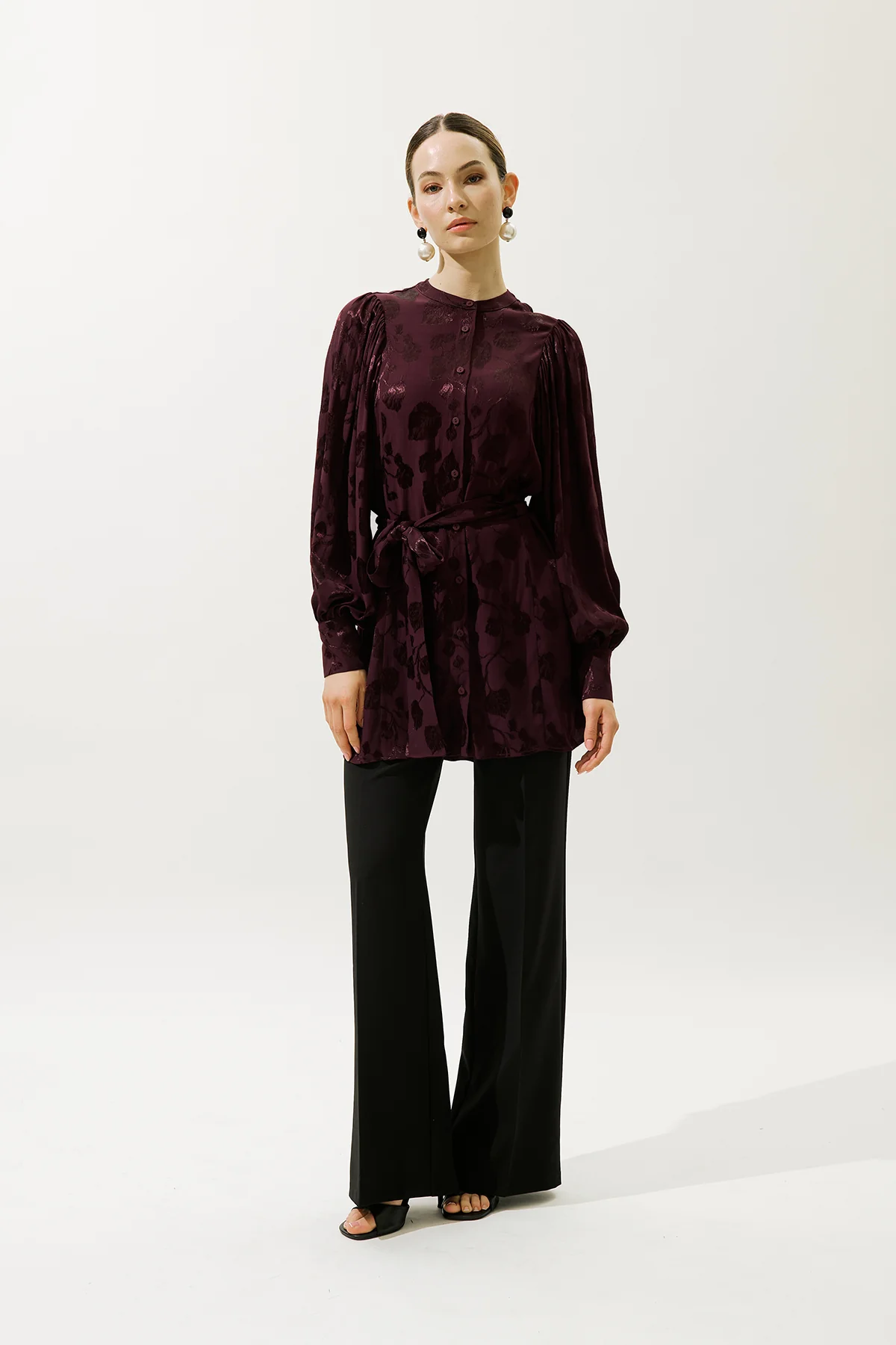 Jacquard Satin Shirt Burgundy - Image 6