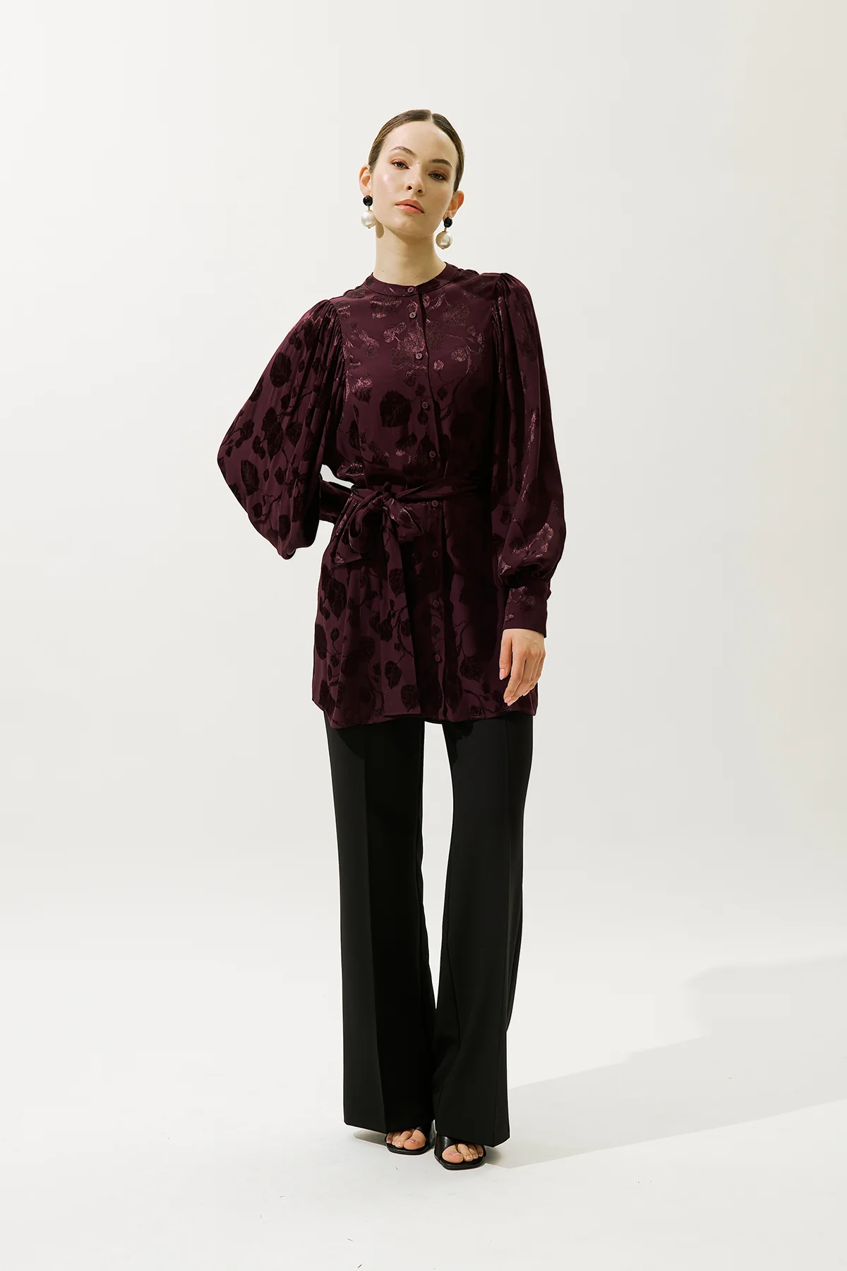 Jacquard Satin Shirt Burgundy - Image 8