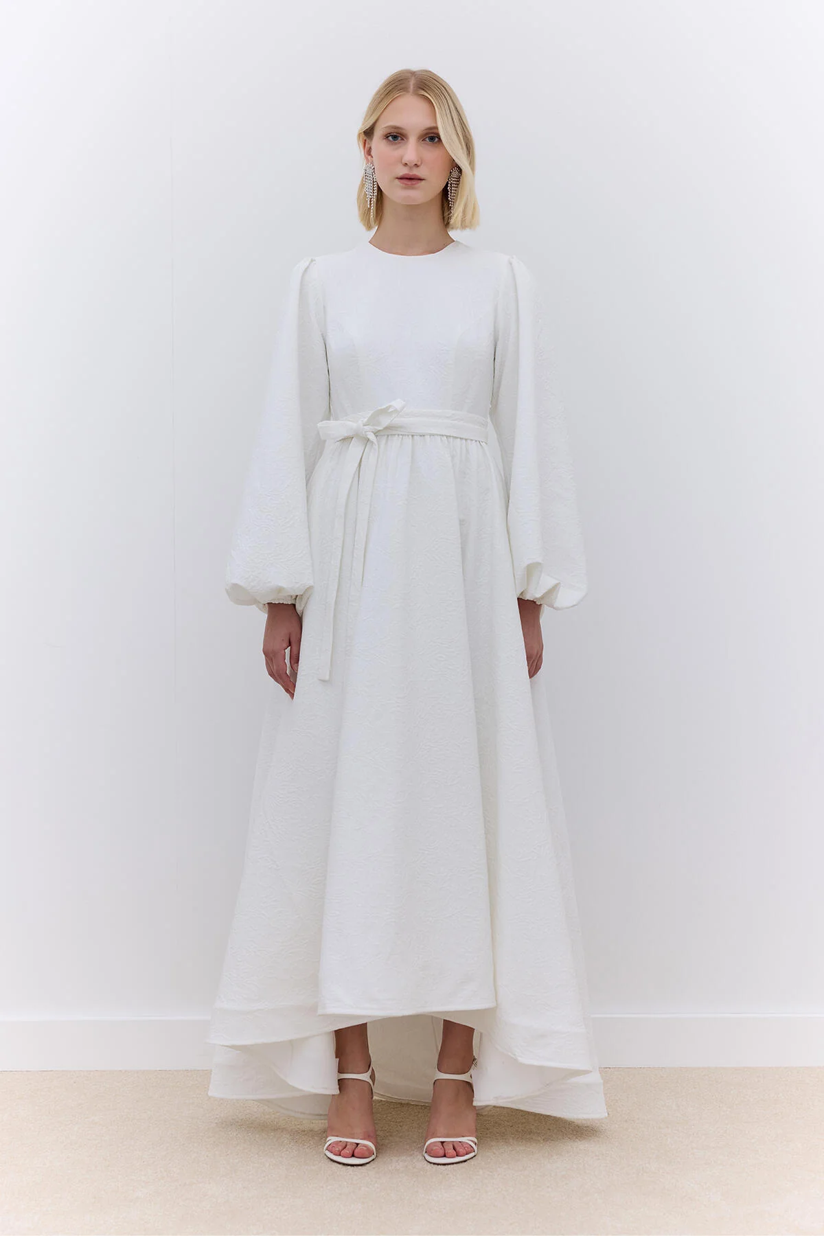 Jacquard Tailed Evening Dress Ecru - Image 3