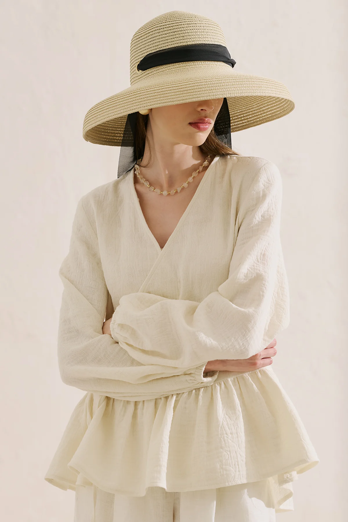 Jacquard Muslin Wrap Blouse Ecru - Image 3