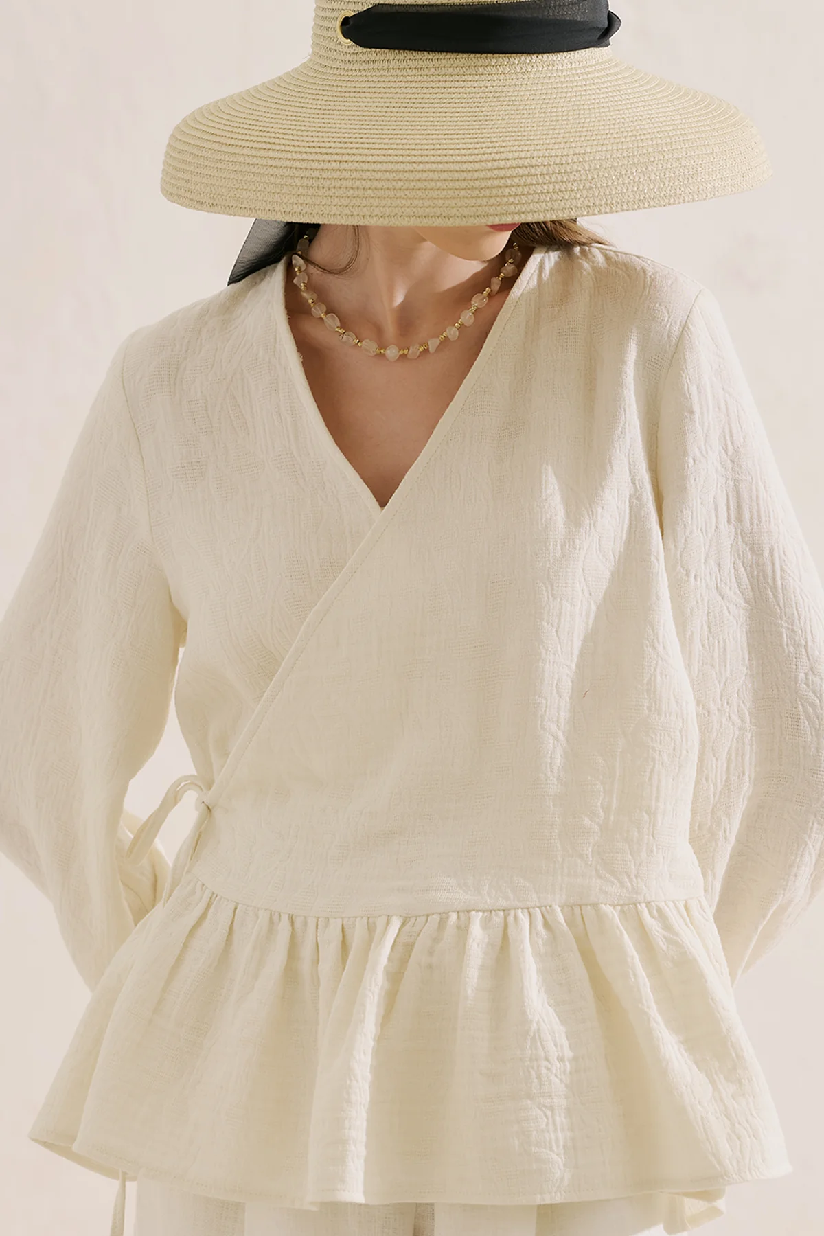 Jacquard Muslin Wrap Blouse Ecru - Image 4