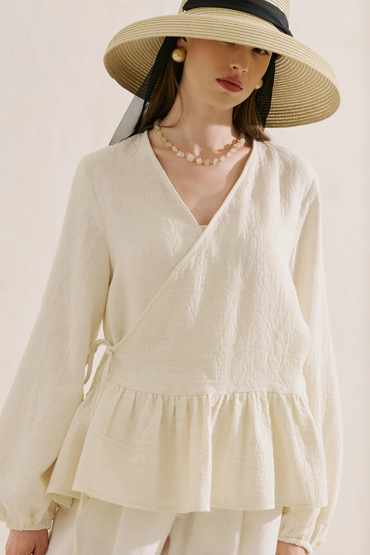 Jacquard Muslin Wrap Blouse Ecru - Image 5