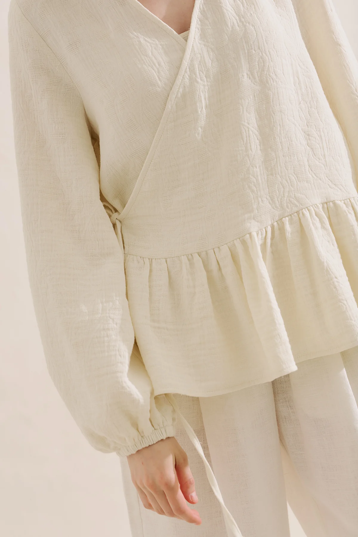 Jacquard Muslin Wrap Blouse Ecru - Image 6