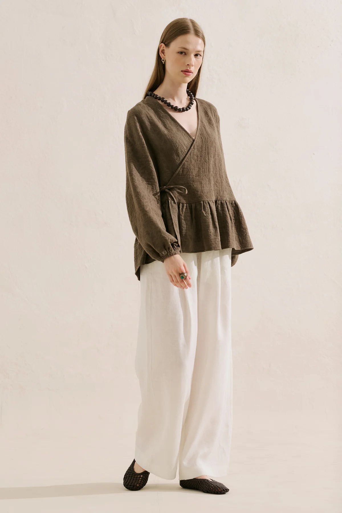 Jacquard Muslin Wrap Blouse Brown - Image 2