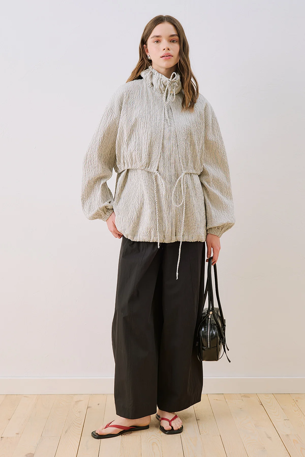 Checked Jacket With Ruched Detail Ecru