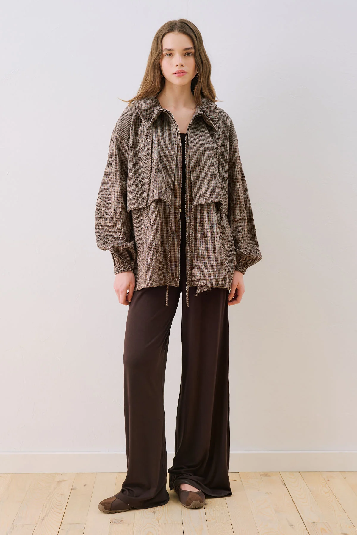 Checked Jacket With Ruched Detail Brown - Image 3