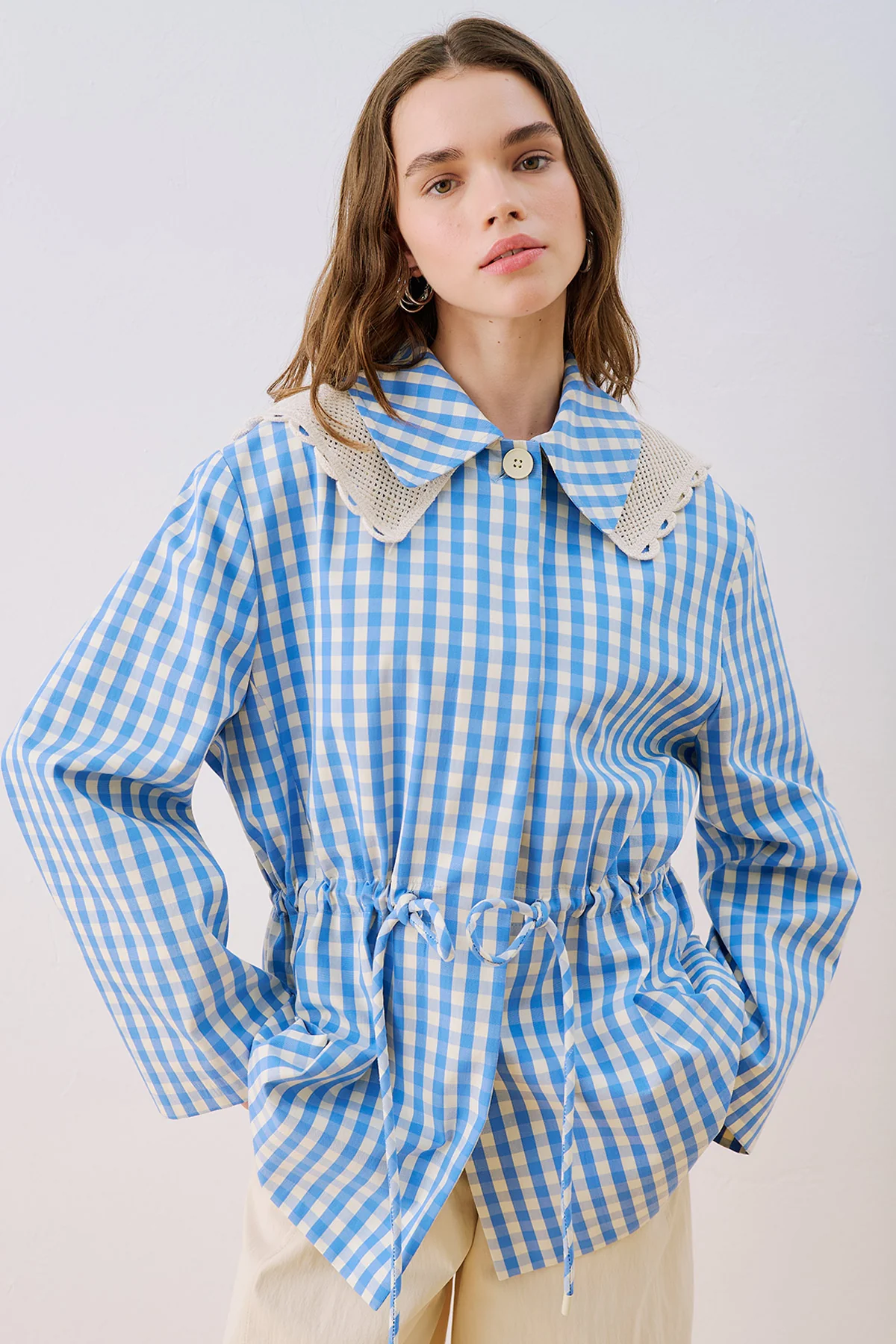 Belted Wide Collar Jacket Plaid - Image 6