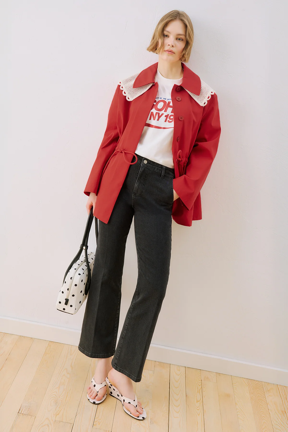Belted Wide Collar Jacket Red
