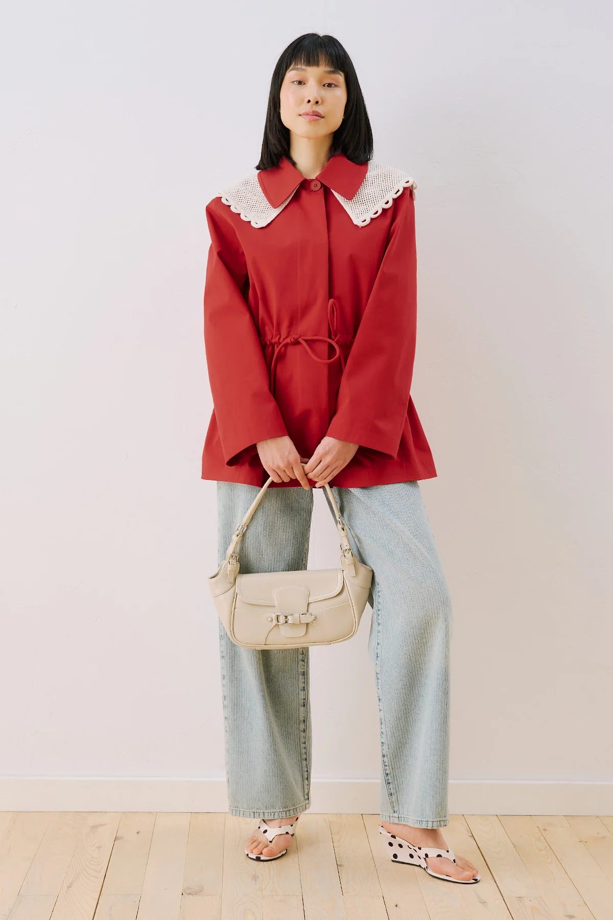 Belted Wide Collar Jacket Red - Image 3