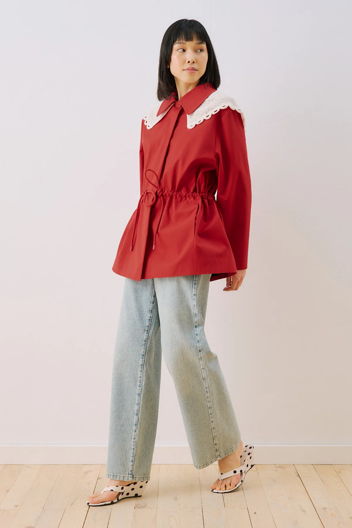 Belted Wide Collar Jacket Red - Image 4
