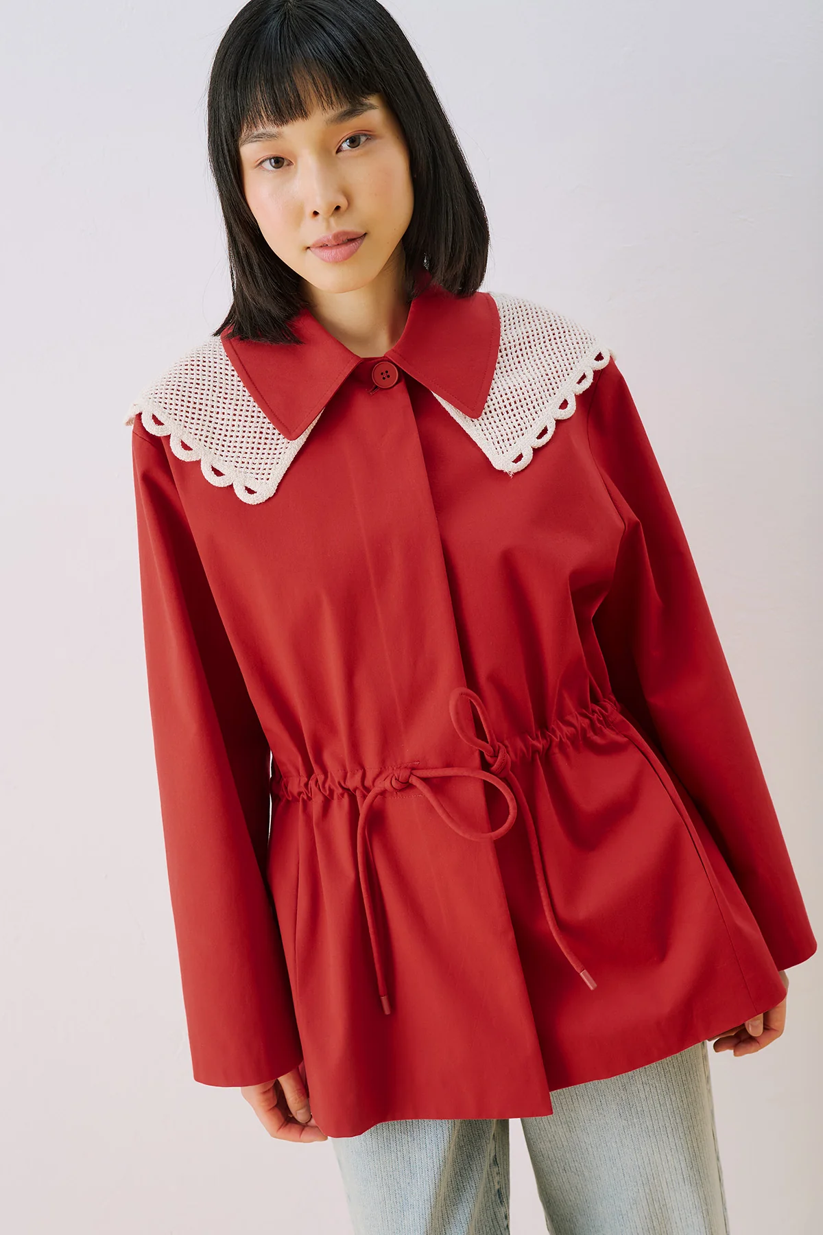 Belted Wide Collar Jacket Red - Image 5
