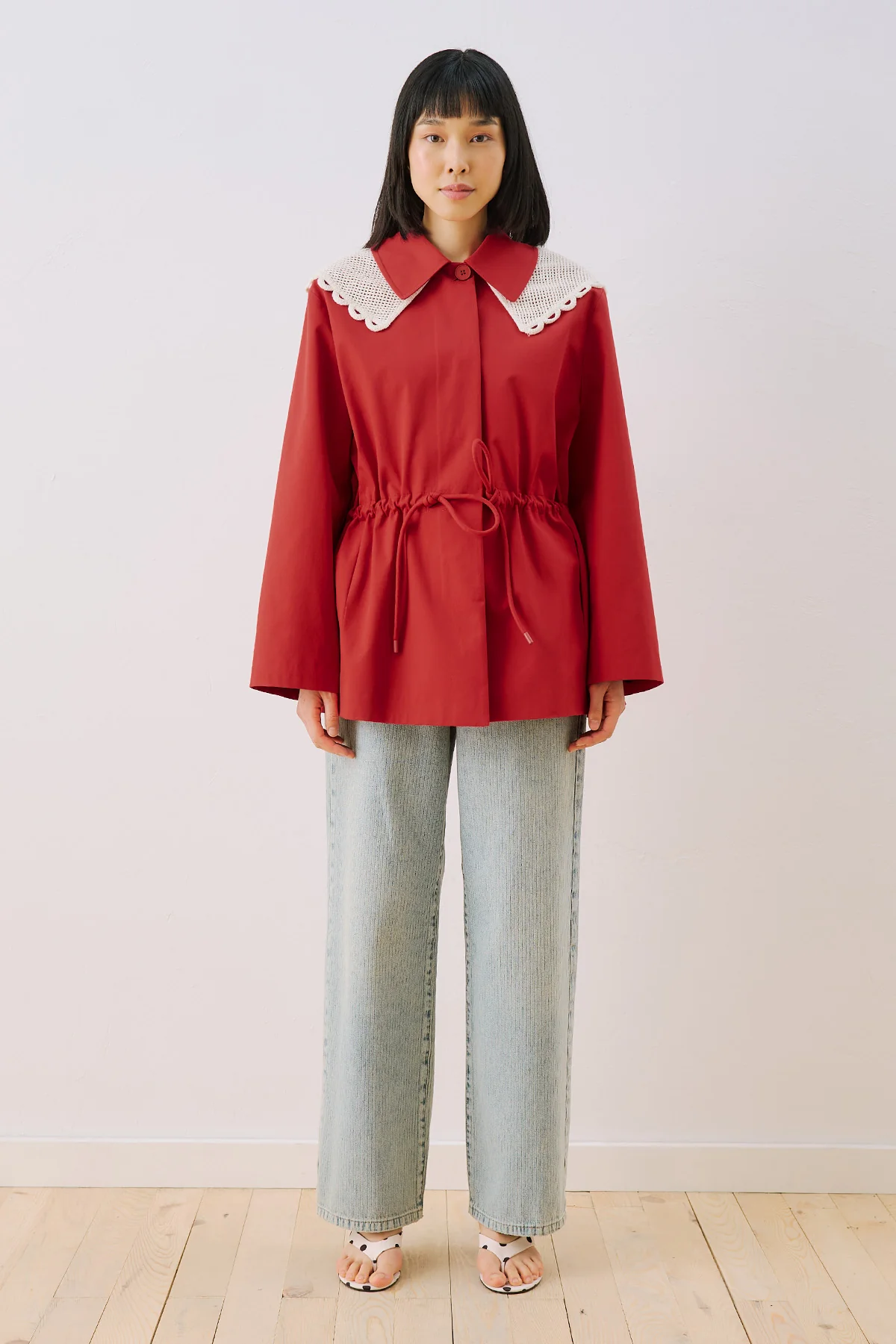 Belted Wide Collar Jacket Red - Image 7