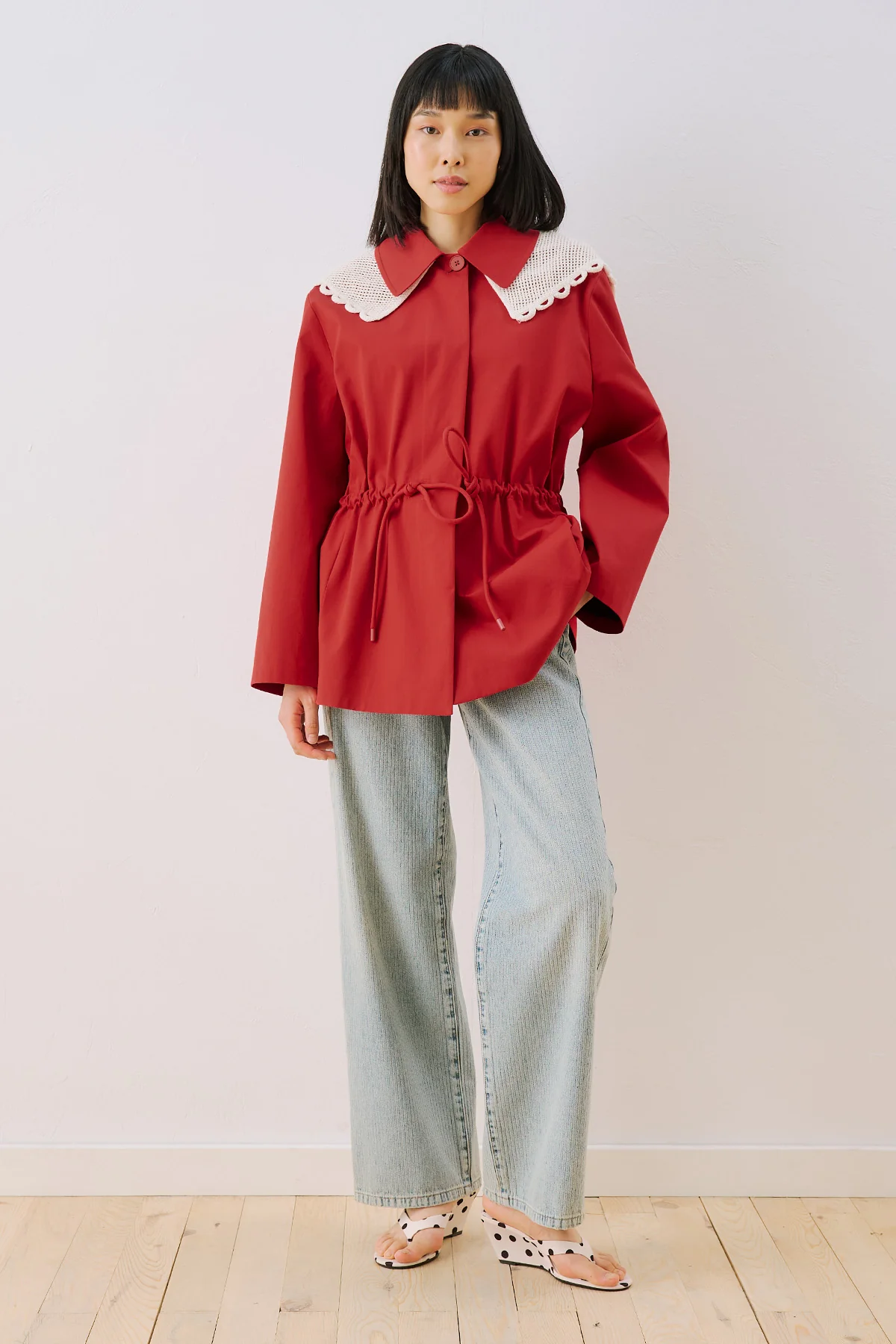 Belted Wide Collar Jacket Red - Image 8