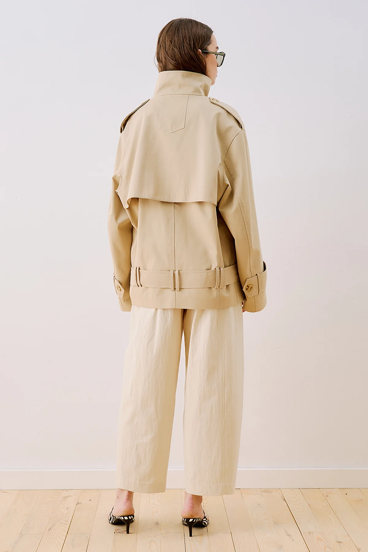 Belted Short Trench Coat With High Neck Sand - Image 9