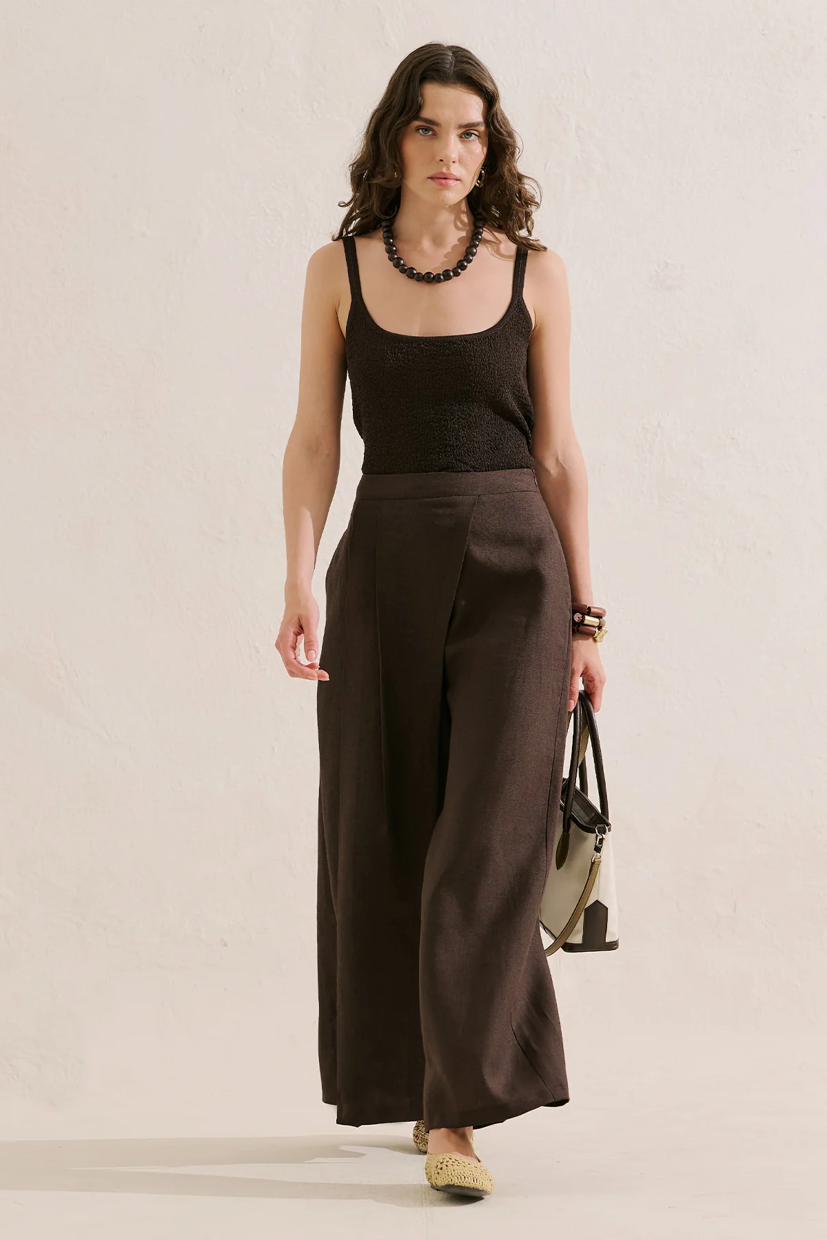 Linen Wrap Front Trousers Dark Brown