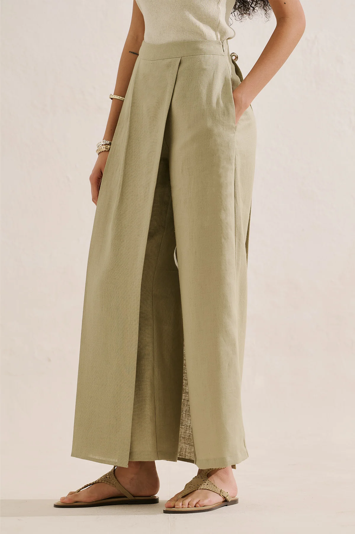 Linen Wrap Front Trousers Stone - Image 4