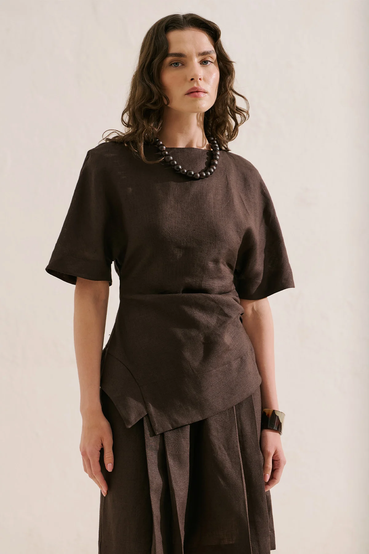 Linen Asymmetric Blouse Dark Brown - Image 5