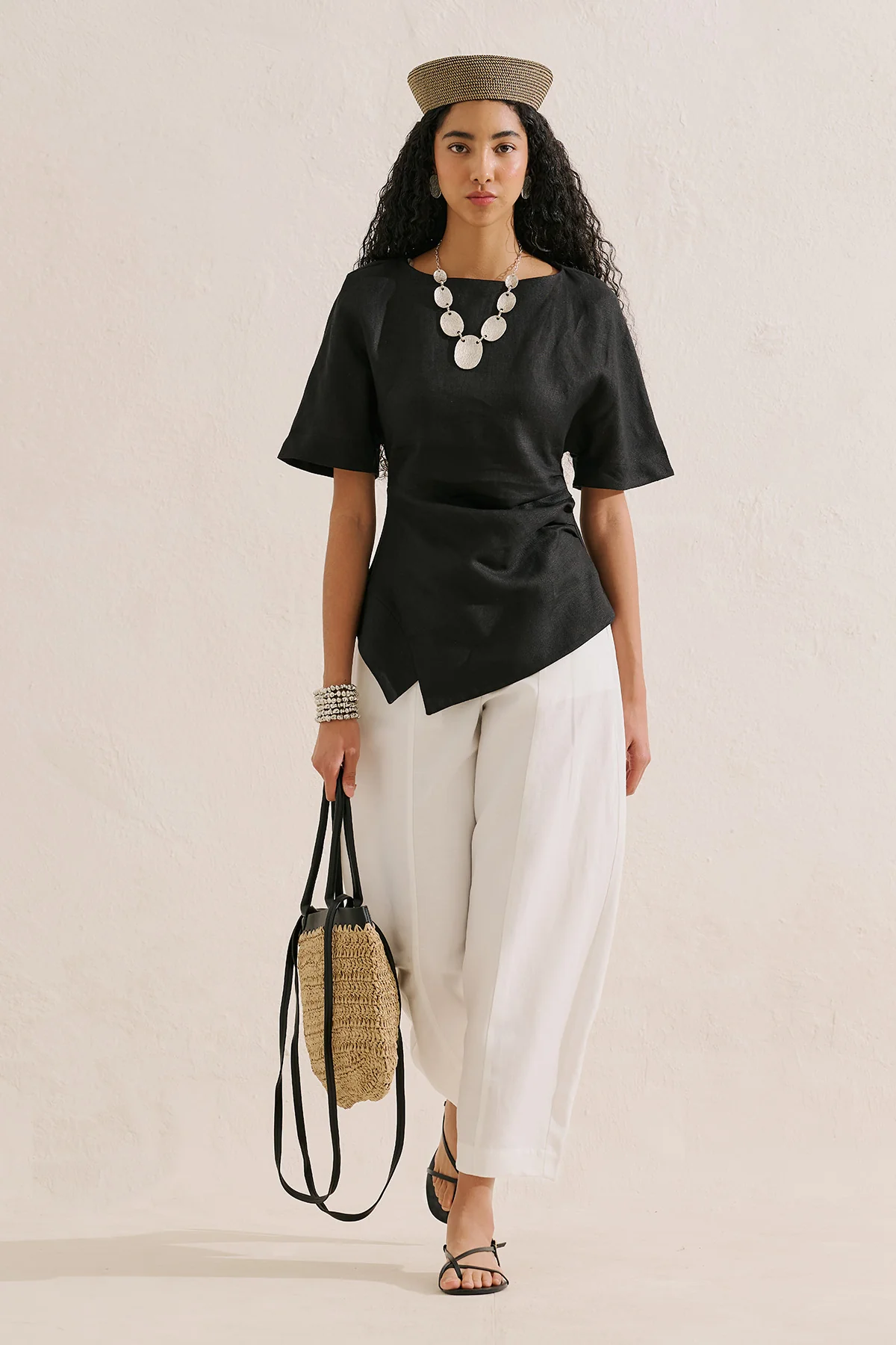 Linen Asymmetric Blouse Black