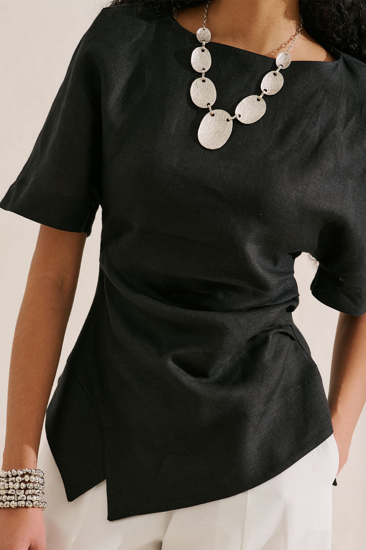 Linen Asymmetric Blouse Black - Image 2