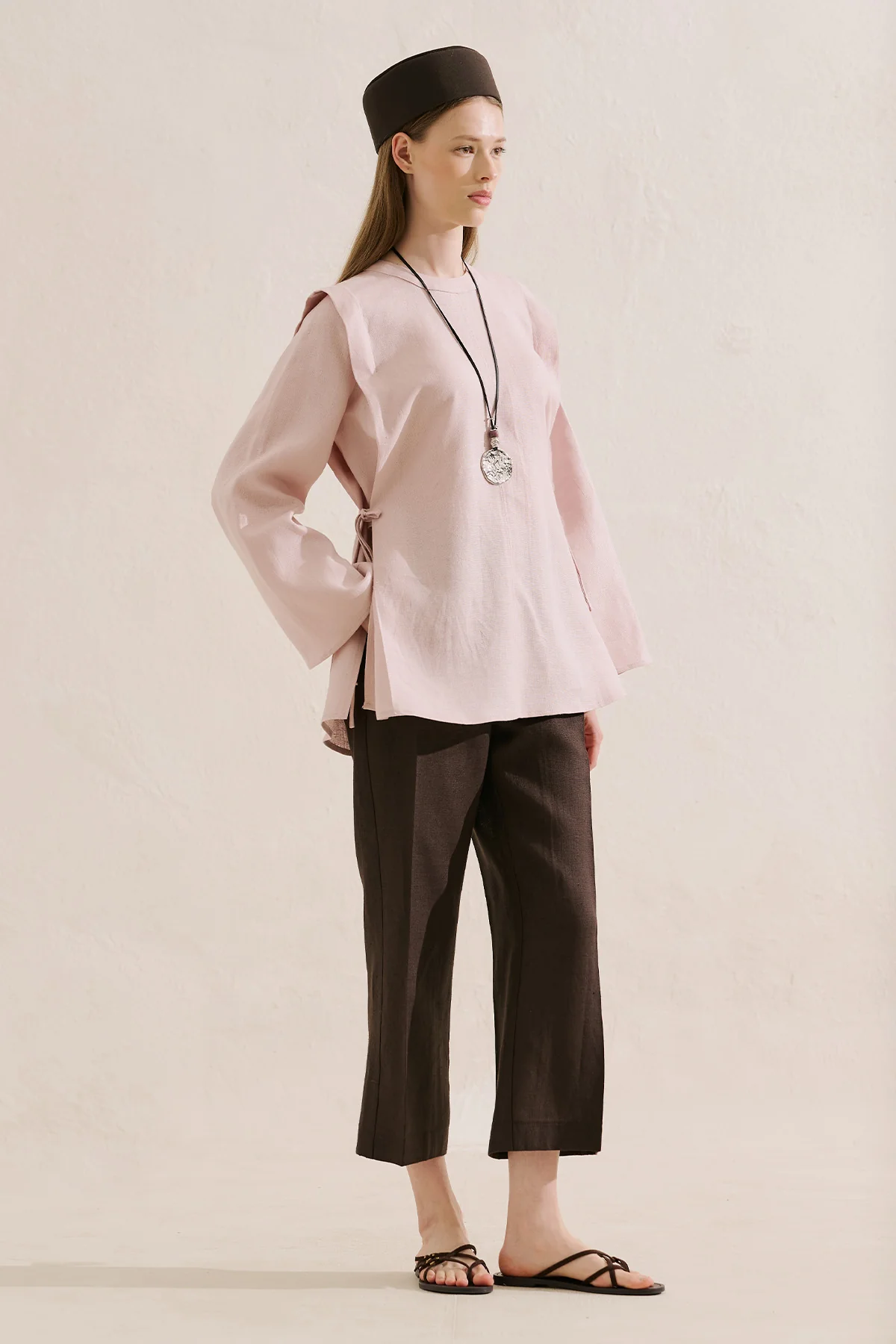 Linen Tie Detail Wide Sleeve Tunic Pink - Image 3