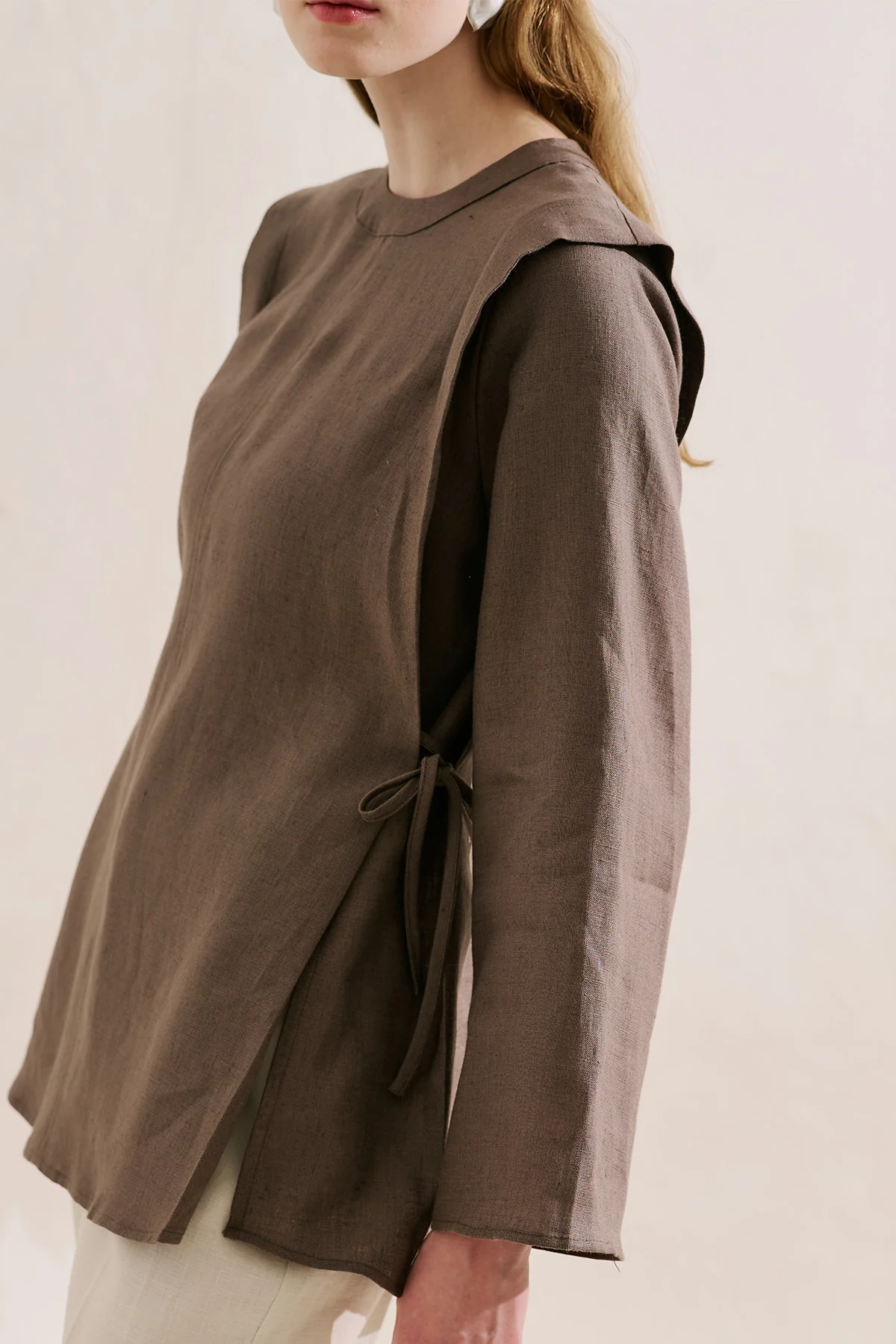 Linen Tie Detail Wide Sleeve Tunic Mink - Image 6