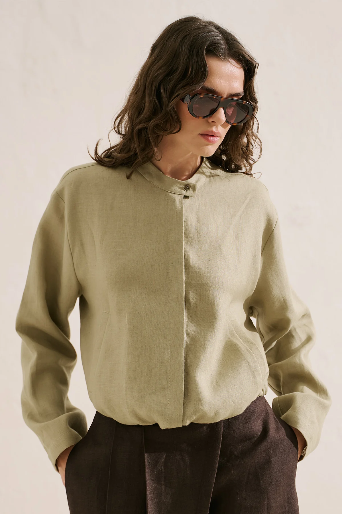 Linen Bomber Style Shirt Stone - Image 2