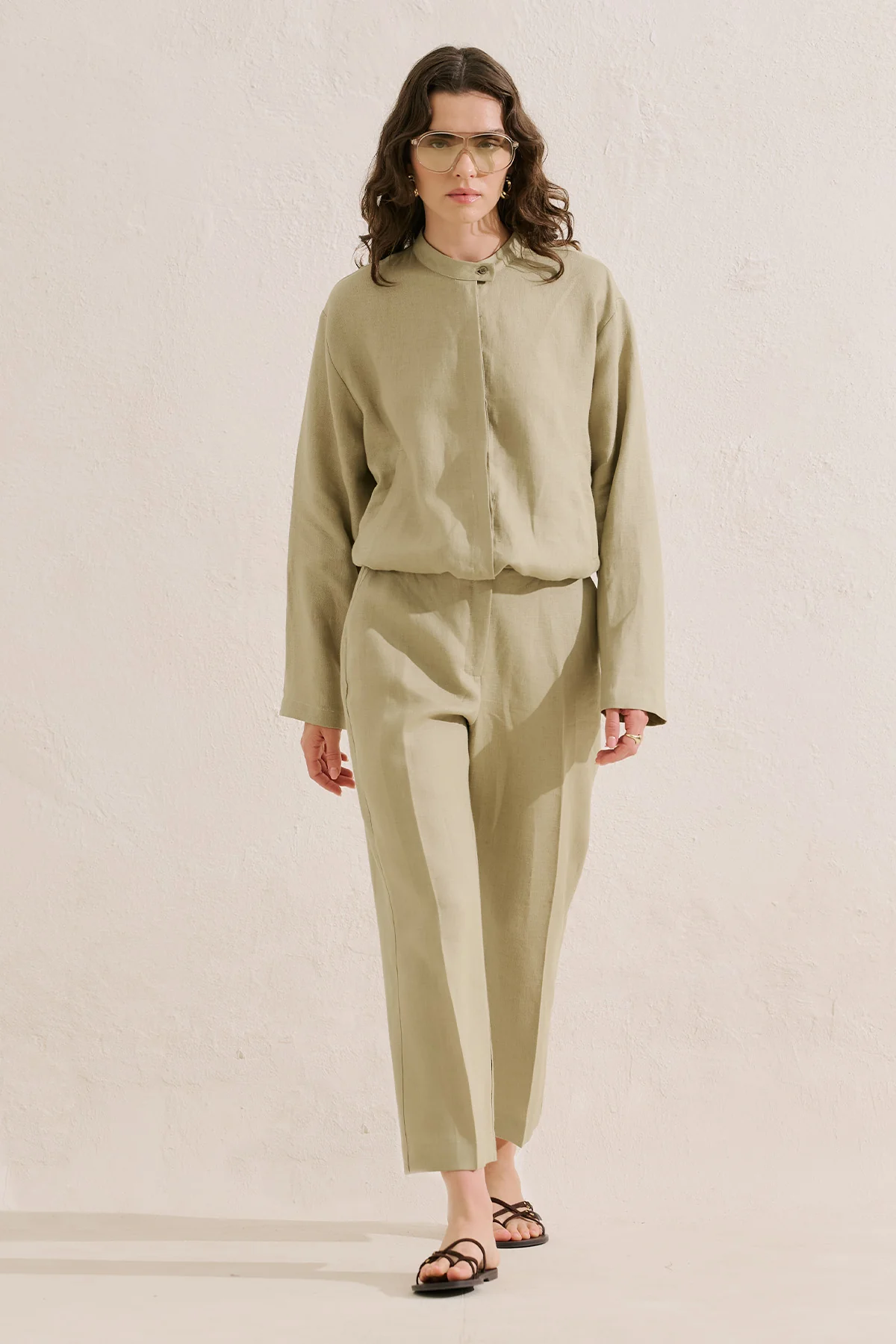 Linen Bomber Style Shirt Stone - Image 4