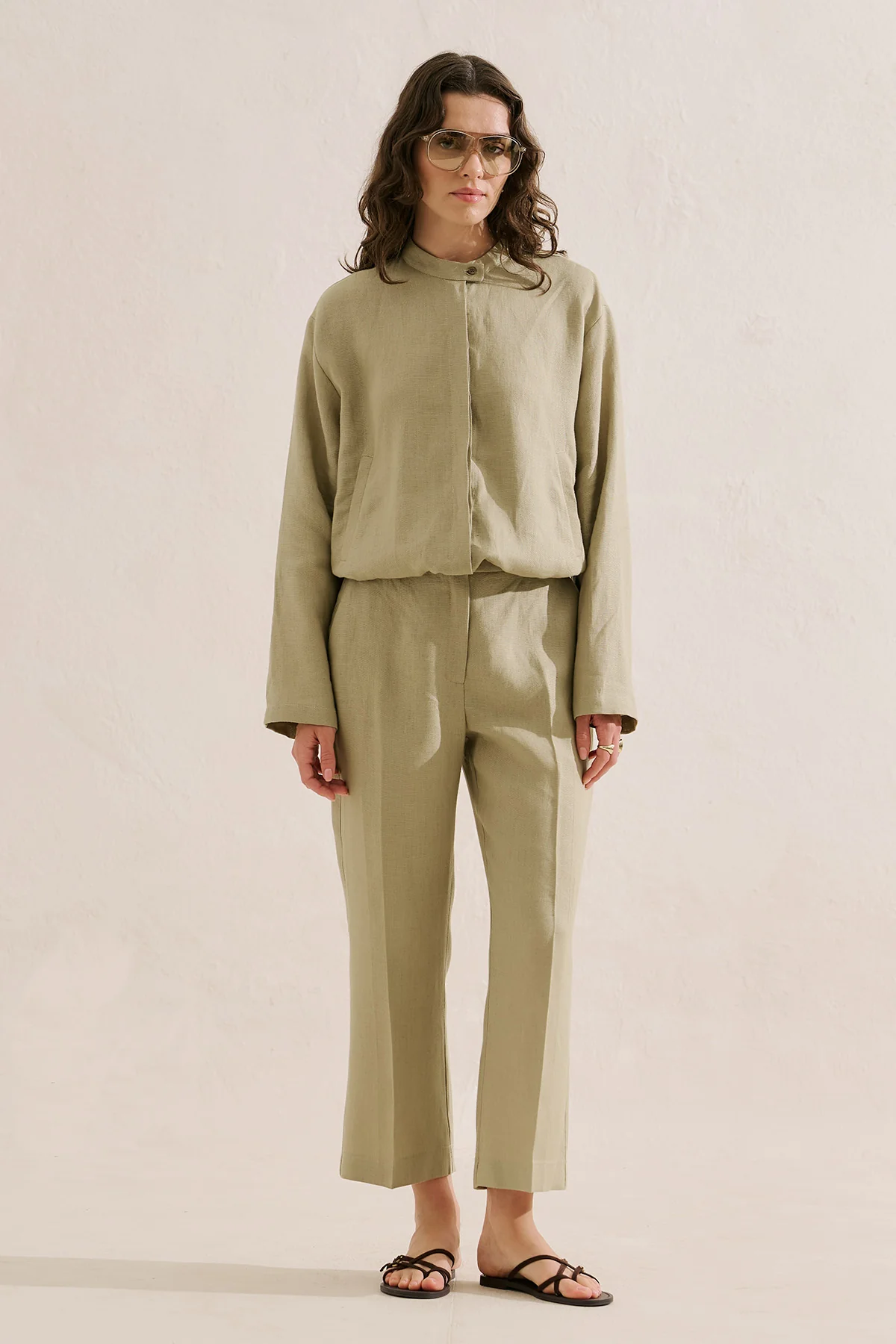 Linen Bomber Style Shirt Stone - Image 5