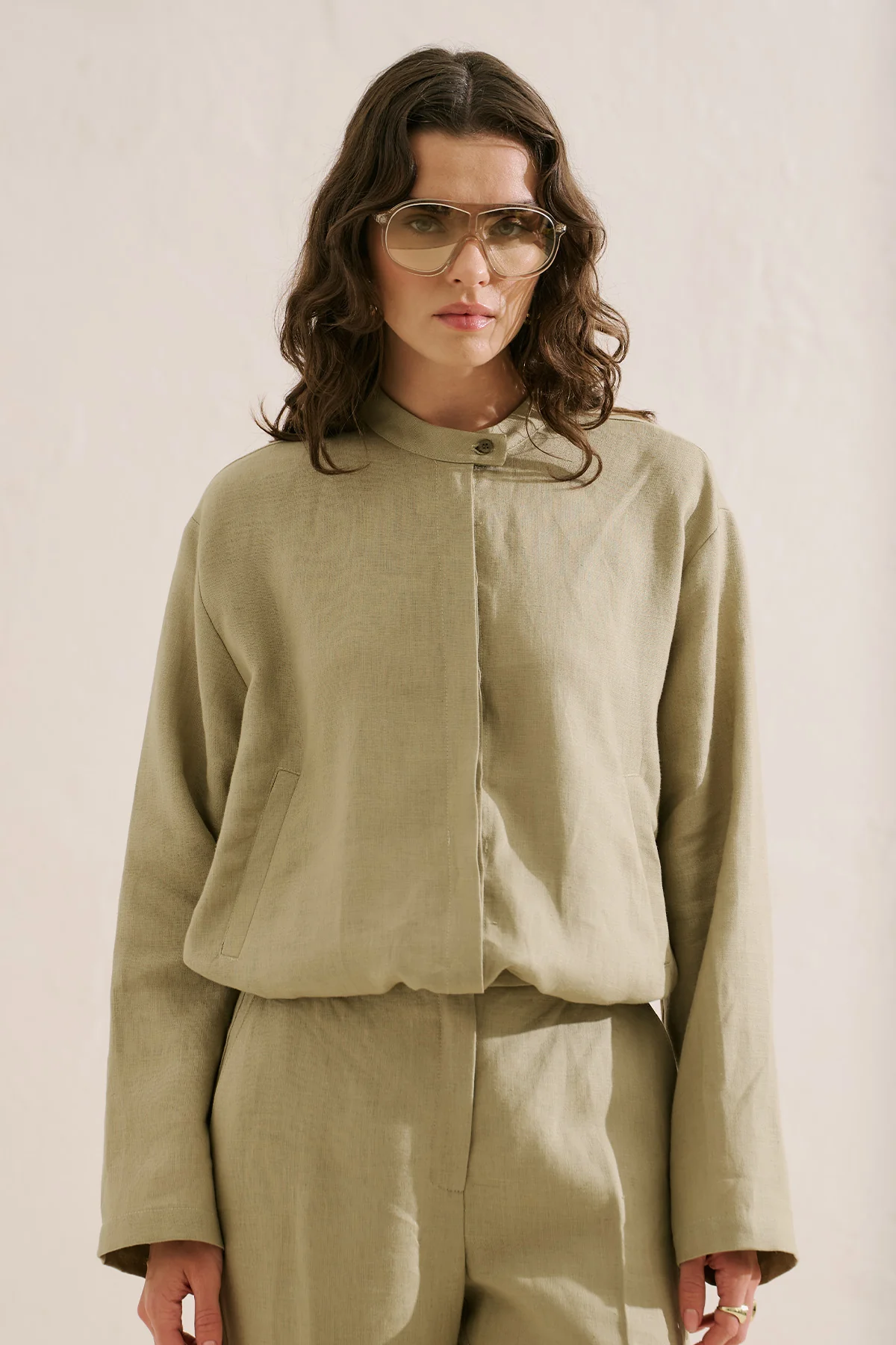 Linen Bomber Style Shirt Stone - Image 6
