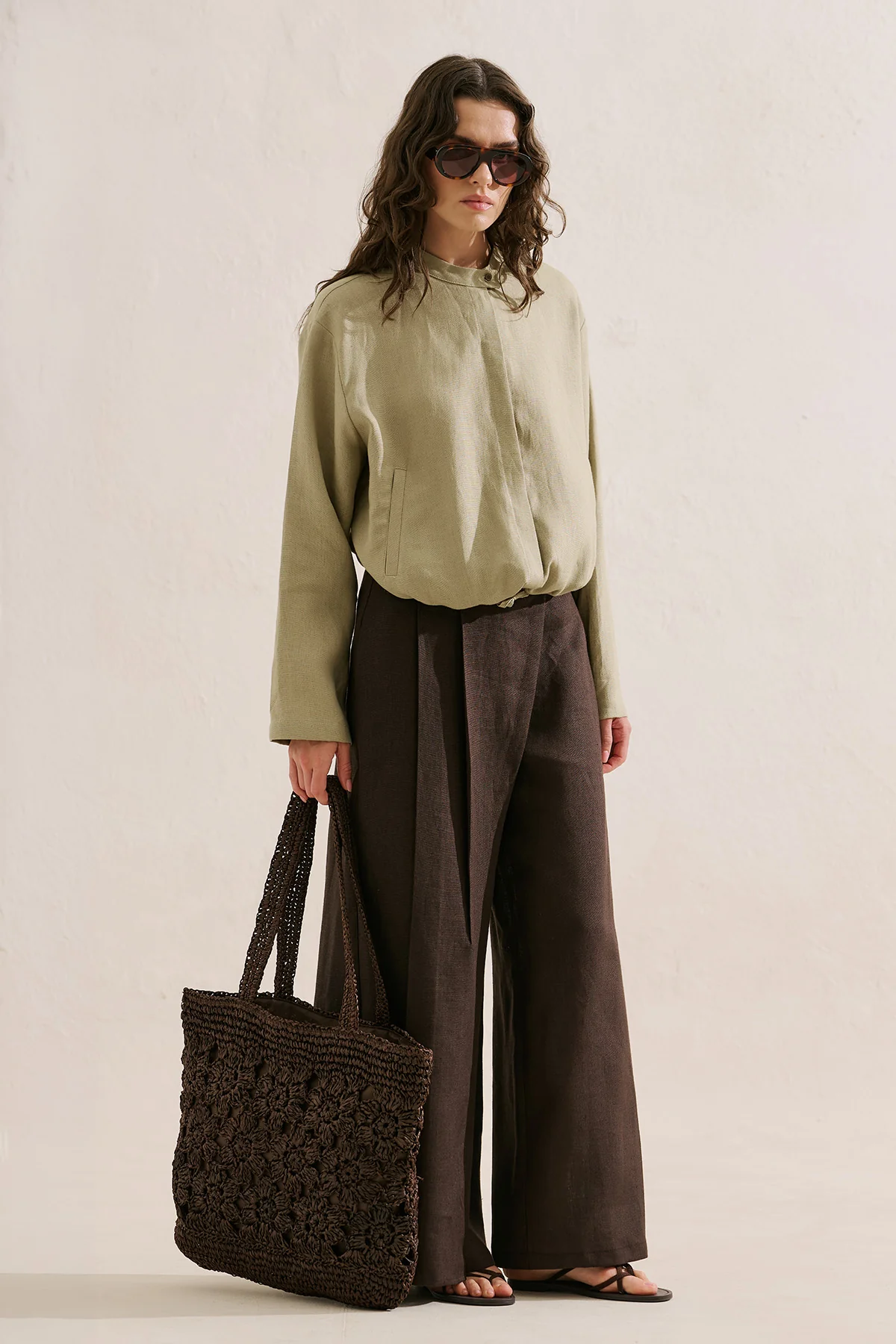 Linen Bomber Style Shirt Stone - Image 7