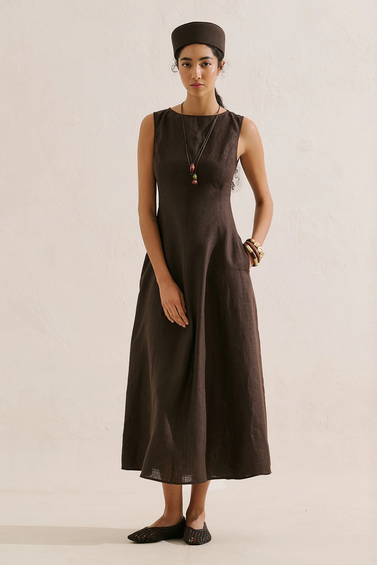 Draped Linen Dress Dark Brown - Image 3